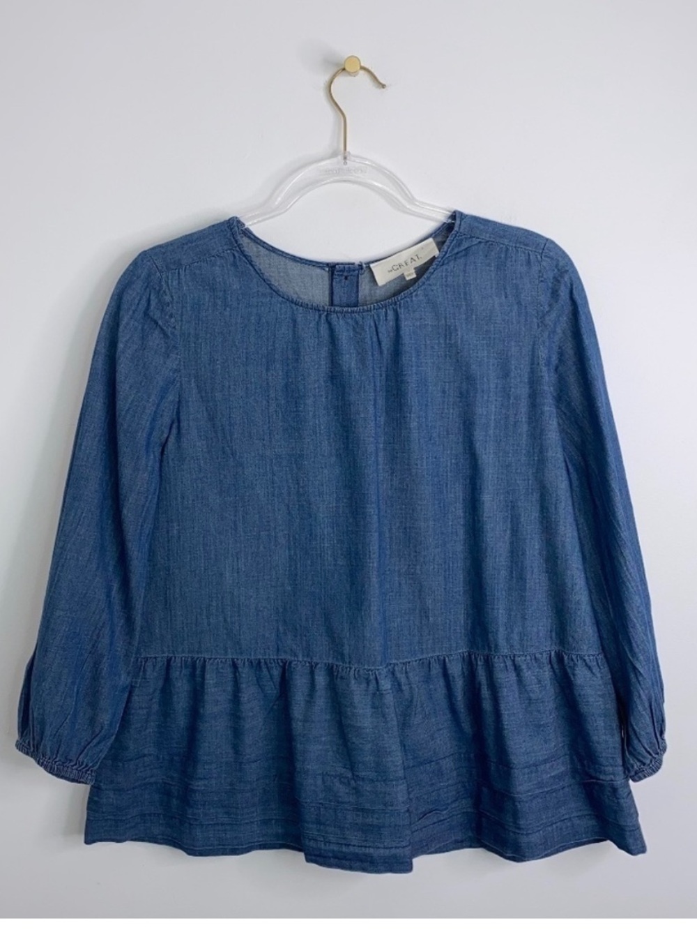The Great. Women's size XS Blue Denim Chambray Back Buttoned Layered Peplum Top